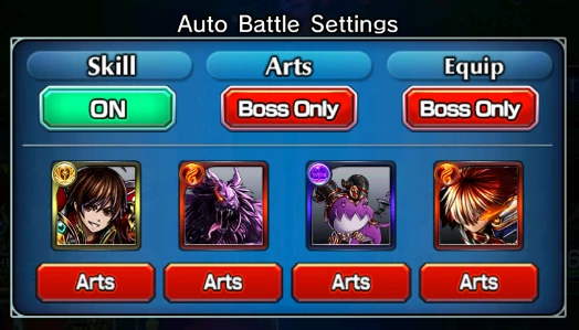 Auto Battle Settings with Skill On, Arts Boss Only, and Equip Boss Only.
