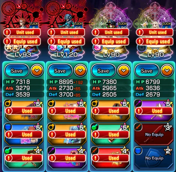 Summoners Road party screen with Unit used and Equip used labels.