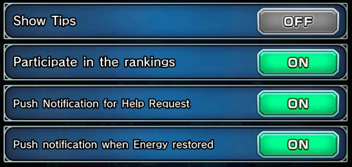 Show Tips disabled with optional ranking and notification settings below.