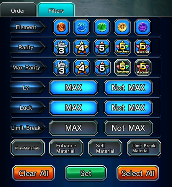 Unit sale filter panel with Max Rarity and other filter rows.
