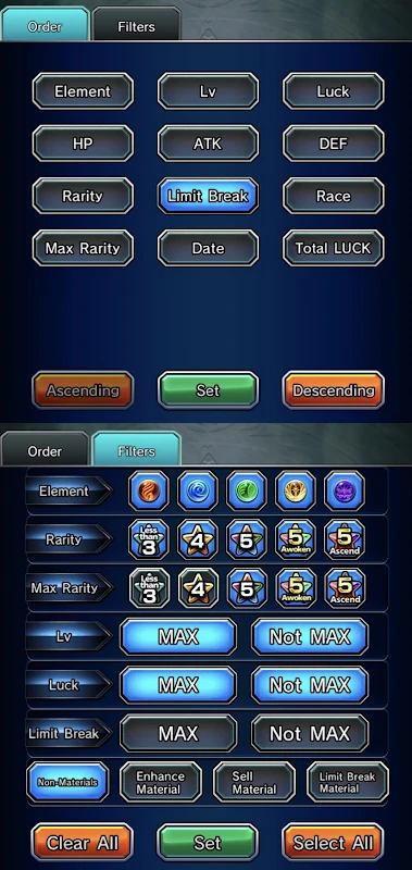 Unit sorting and filters with Limit Break selected.